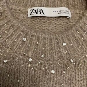 Zara Taupe Beaded Crewneck Sweater size small.